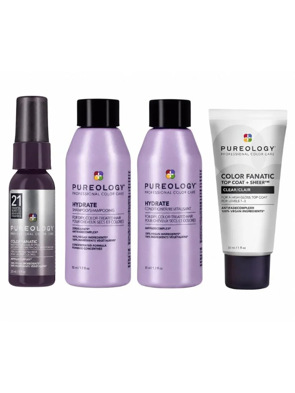Pureology 4 Pc Travel Set Hydrate Shampoo Conditioner Color Fanatic Top Coat NEW